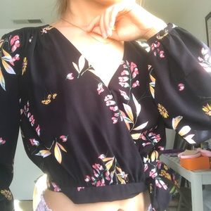 NWOT GB Black floral print long sleeve wrap crop top blouse, never used!